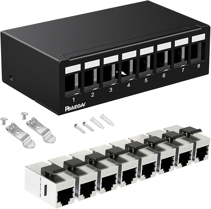 Patch Panel 8 Port with 8pcs Cat6A Keystone Jack【EC Listed】 Shielded No Rust by PBAEGAV