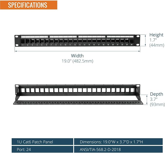 Tecmojo UL Listed 1U 24-Port Blank Keystone Patch Panel, Unshielded UTP - Image 2