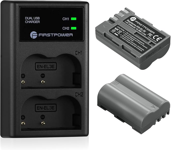 FirstPower EN-EL3e Battery 2-Pack 2200mAh and Dual USB Charger Compatible by FirstPower