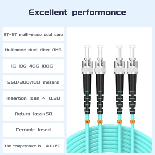 OM3 Fiber Patch Cable ST/UPC to ST/UPC 328ft/100meters 10BG/Gigabit Multimode - Image 2