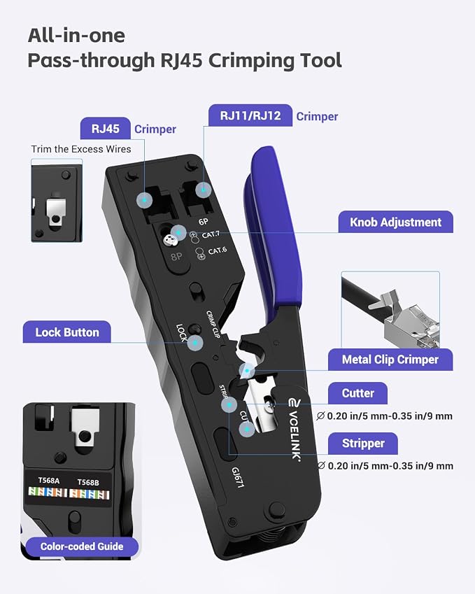 VCELINK RJ45 Crimp Tool Kit, Ethernet Wire Cutter Crimper, All-in-One Network - Image 2