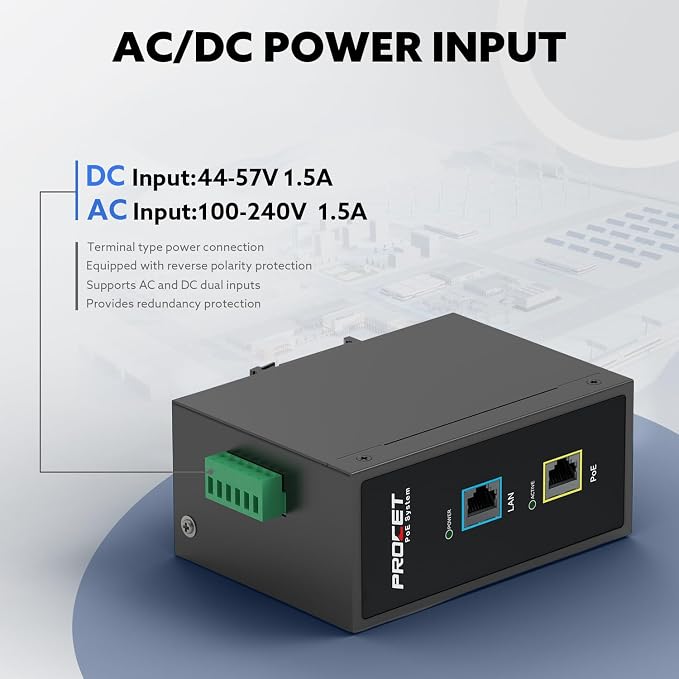 PROCET Gigabit PoE++ Injector Din Rail, 60W Industrial PoE Adapter - Image 2