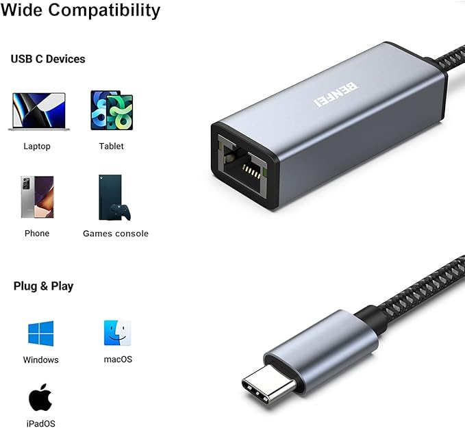 BENFEI USB-C to Ethernet Adapter, USB Type-C to RJ45 Gigabit Ethernet LAN - Image 4