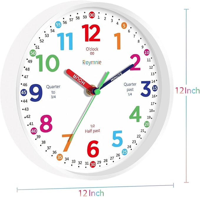 Roymnie12 Inch Wall Clock for Kids Learning to Tell Time Easily Analog Non - Image 9