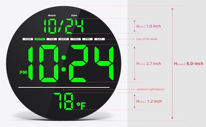 Digital Wall Clock with Large LED Display, Temperature, Auto-Brightness | Small - Image 3