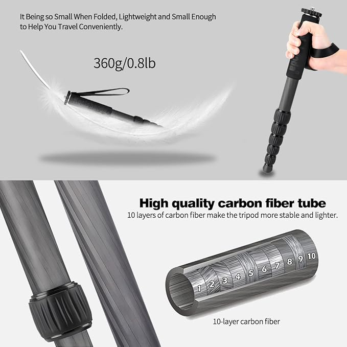 Koolehaoda MP286C Carbon Fiber Camera Monopod, 6-Section Portable | - Image 2