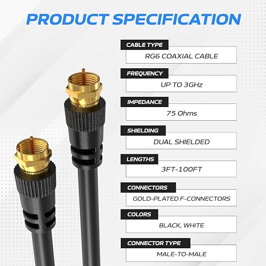 Cables Direct Online Pack of 5 x Coaxial Cables 3FT Black Coax RG6 Male F Type - Image 2