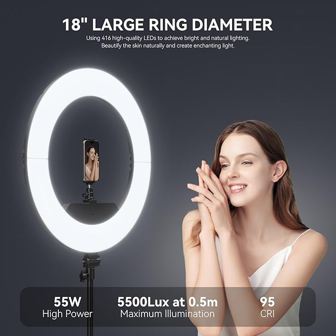 18 Inch Ring Light Kit, 55W6700k Dimmable LED Light, Tripod Stand, Remote - Image 3