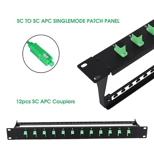 1U Fiber Patch Panel with 12 SC APC Single Mode Fiber Optic Couplers Singlemode - Image 2