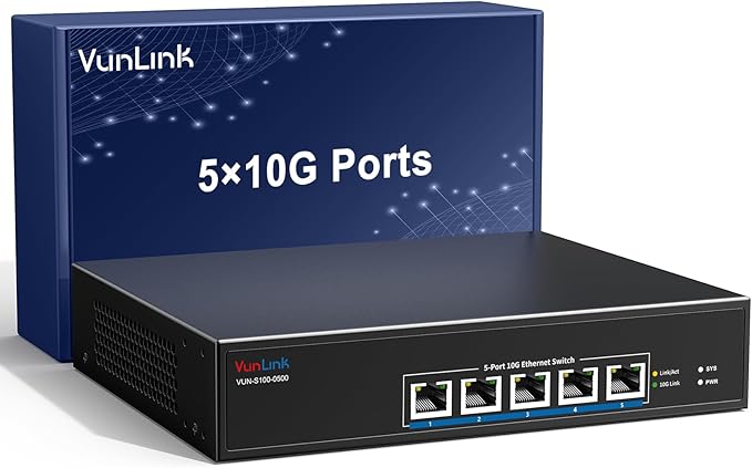 5-Port 10G RJ45 Ethernet Switch Unmanaged, VunLink 10GBase-T Network Switch by VunLink
