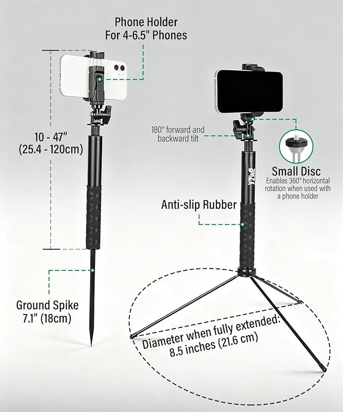 BMZX Golf Tripod Monopod, Magnetic Phone Holder, 1/4"-20 Screw, Carry Bag | - Image 5
