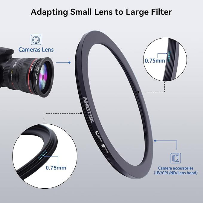 52mm Lens to 49mm Camera Lens Adapter, 52mm-49mm Filter Step-Down Ring - Image 3