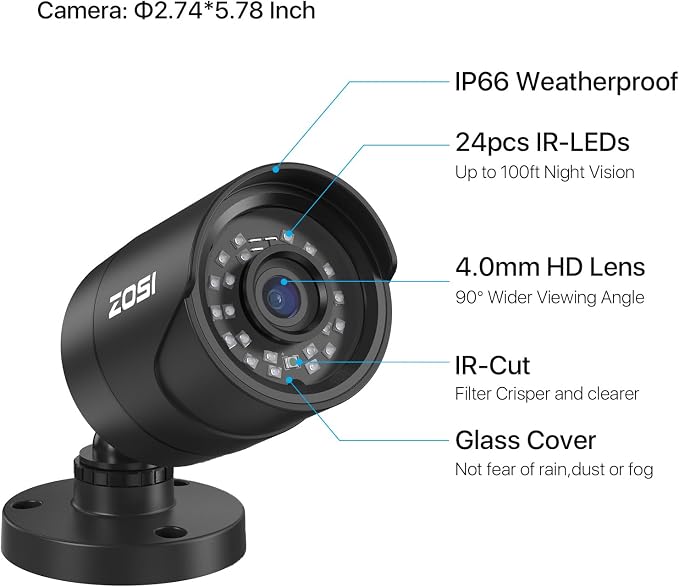 ZOSI 4 x 2MP 1080p Home Security Camera Outdoor Indoor, 1920TVL HD CCTV Bullet - Image 7