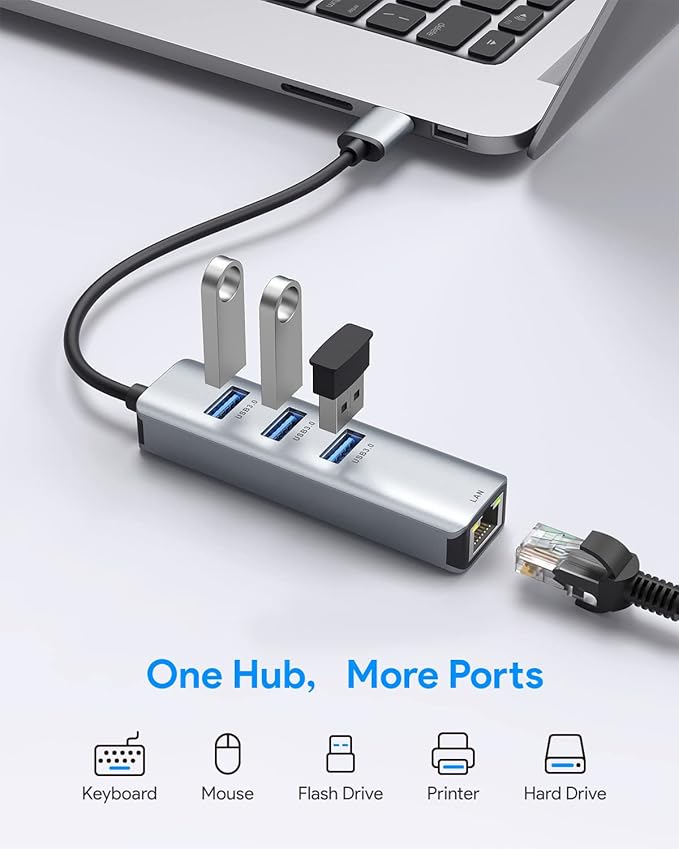 USB 3.0 to Ethernet Adapter, ABLEWE 3-Port USB 3.0 Hub - Image 2