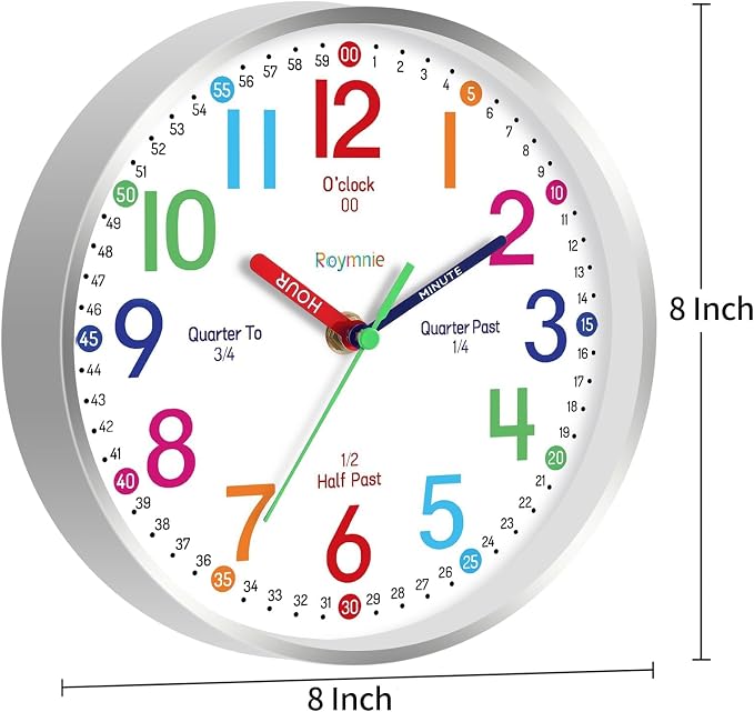 Roymnie Wall Clock for Kids Learning to Tell Time Easily Non Ticking Battery - Image 8