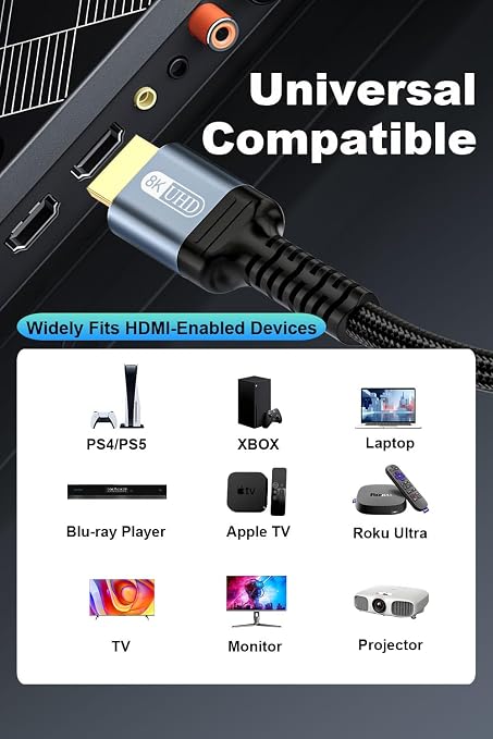8K HDMI 2.1 Cable 3.3ft, Ultra High Speed HDMI Cable 48Gbps, HDCP 2.3, - Image 7