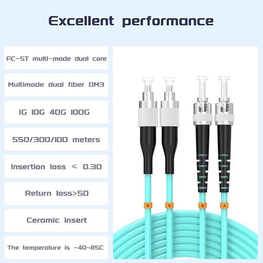 OM3 FC/UPC to ST/UPC Fiber Patch Cable 25Meters 82ft 10BG Multimode Duplex - Image 2
