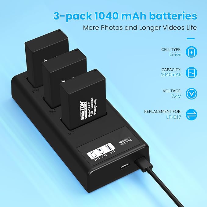 BESTON 3-Pack LP-E17 Battery and Charger Set - Image 5