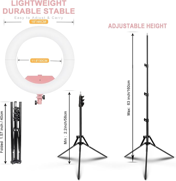 Ring Light 18 INCH Kit, 55W6700k Dimmable LED Light, Tripod Stand, Remote - Image 4