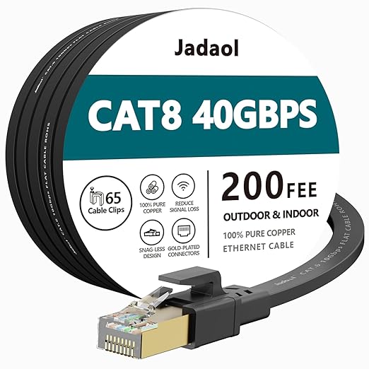 Jadaol Cat 8 Ethernet Cable 200ft, 40Gbps 2000MHz Flat S/FTP LAN Patch Cable by Jadaol