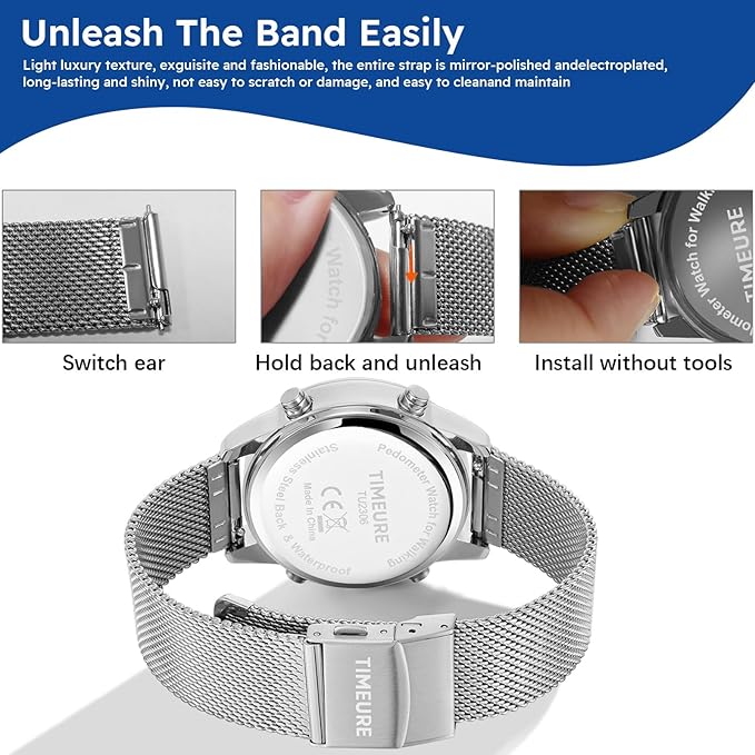 Men's Pedometer Watch with Stainless Steel Bracelet, Step Counter Watch No App - Image 5