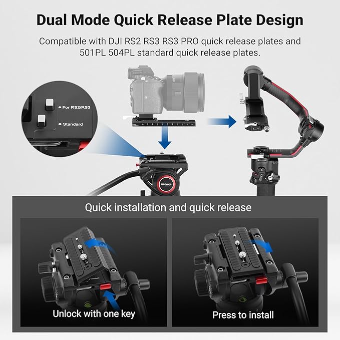 NEEWER 74" Video Tripod with Fluid Head, QR Plate, Aluminum Heavy Duty Camera - Image 4