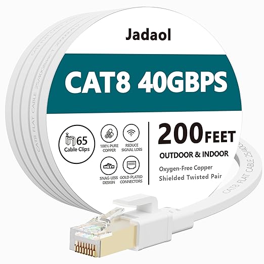 Jadaol Cat 8 Ethernet Cable 200ft, 40Gbps 2000MHz Flat S/FTP LAN Patch Cable by Jadaol