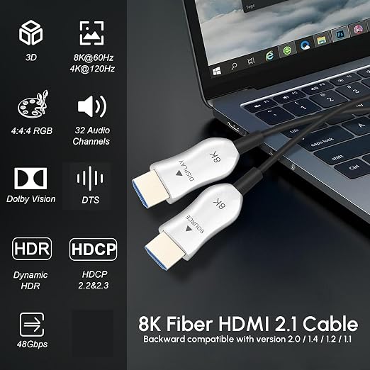 8K Fiber Optic HDMI 2.1 Cable 75ft, Long Active HDMI Cable, High Speed Fiber - Image 2