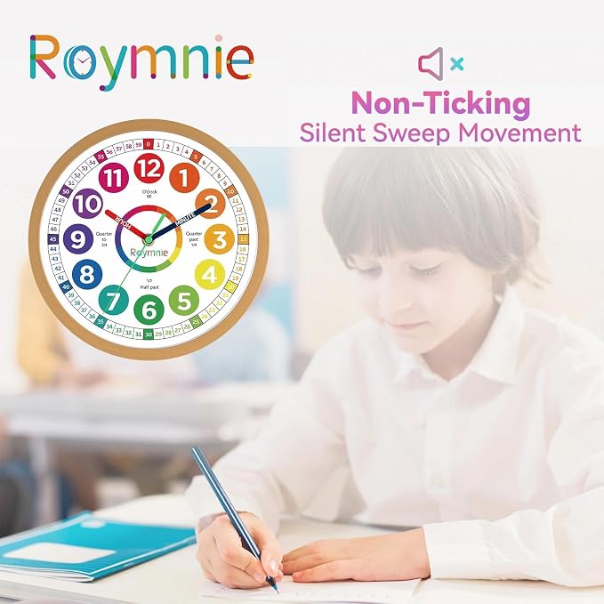Roymnie Wall Clock for Kids Learning to Tell Time Analog Non Ticking Battery - Image 8