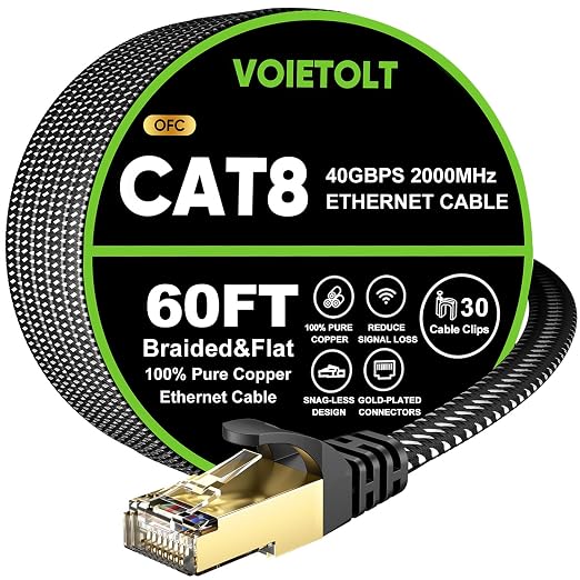Cat 8 Ethernet Cable 60 FT Flat, High Speed 40Gbps 2000Mhz Braided Internet by EthernetCable