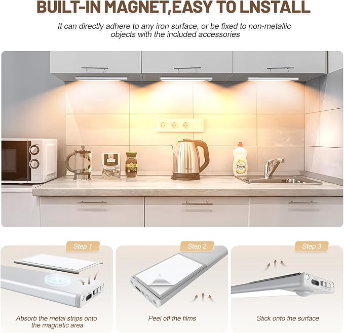 6 Pack Under Cabinet Lighting Wireless, 68 LED Rechargeable Battery Motion - Image 6