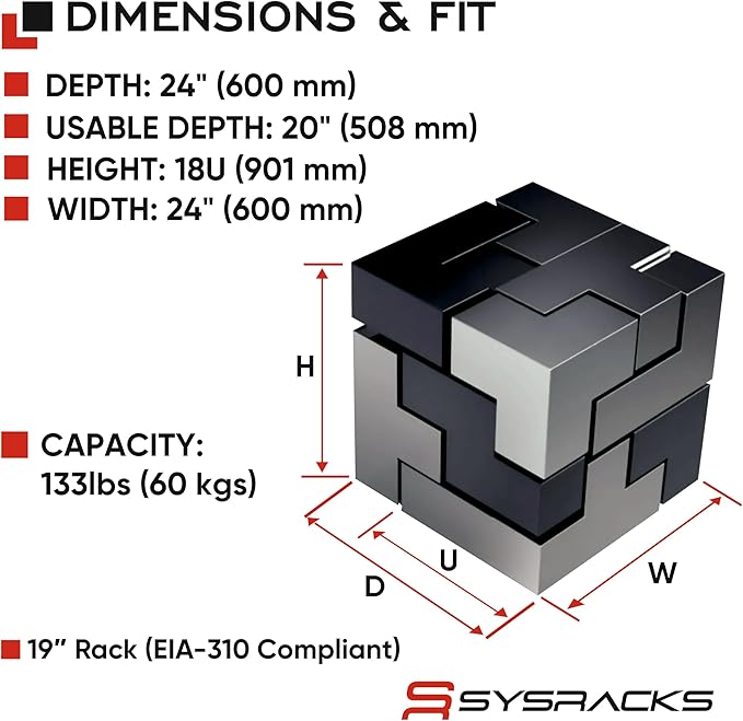 18U Wall Mount Server Rack Cabinet 24” Deep, 19” Network & AV Enclosure - Image 3