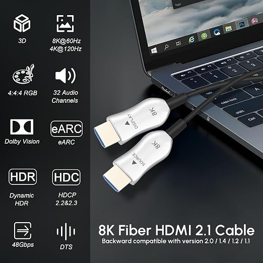 8K Fiber Optic HDMI 2.1 Cable 3.3ft, Active HDMI Cable Slim, High Speed Fiber - Image 2