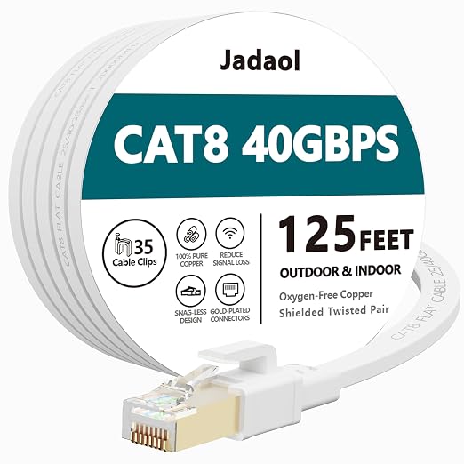 Jadaol Cat 8 Ethernet Cable 125 ft, 40Gbps 2000MHz Flat S/FTP LAN Patch Cable by Jadaol