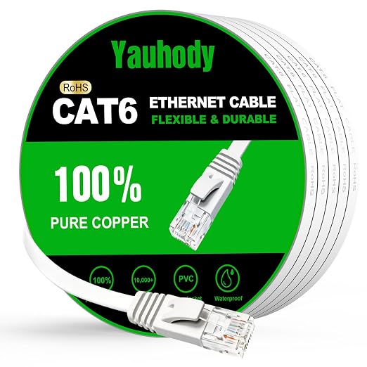 Yauhody CAT 6 Ethernet Cable 35ft White, High Speed Solid Flat CAT6 Gigabit by Yauhody