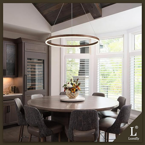 24" Ring Chandelier Modern LED Round Chandelier Wood Grain Finish Dimmable - Image 2