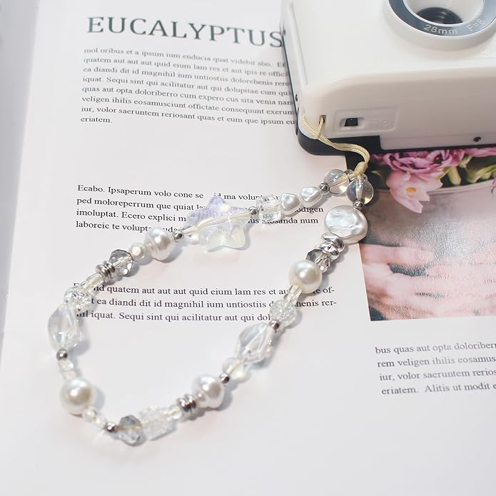 CMVFYL Beaded Camera Wrist Strap, Cute Phone Charms Strap, Pearl Bracelet Wrist - Image 5