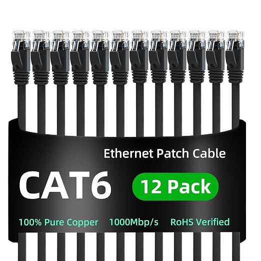 Yauhody CAT 6 Ethernet Cable 7ft 12-Pack Black, High Speed Solid Flat CAT6 by Yauhody