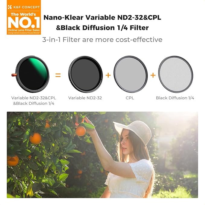 K&F CONCEPT 49mm Black Diffusion Mist Effect 1/4 & Variable ND2-32 & Circular - Image 2