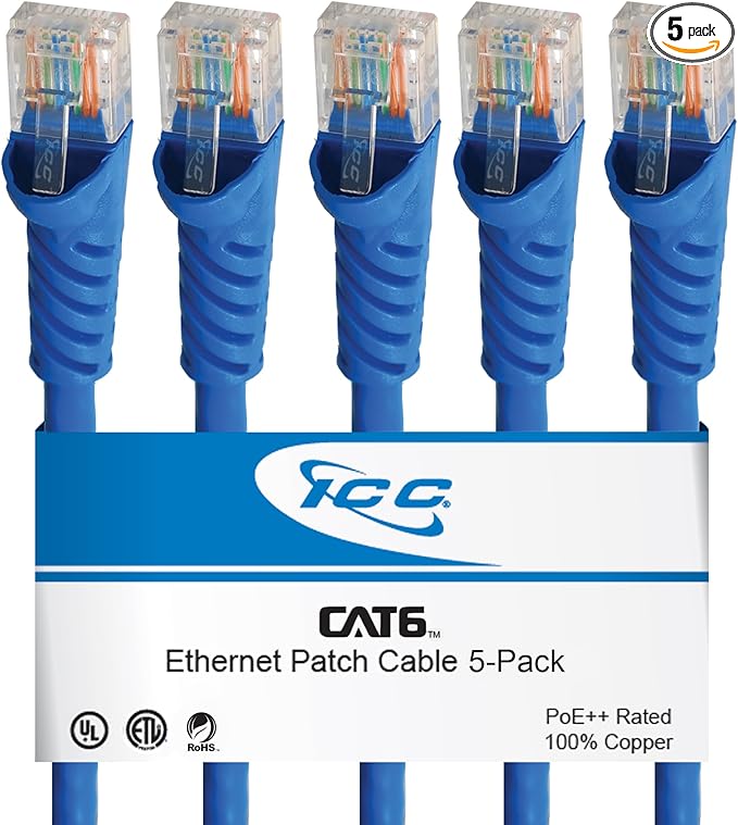 ICC CAT6 Ethernet Patch Cord 10 FT 5-Pack, UTP 24 AWG UL Listed, 100% Stranded by ICC