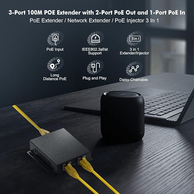 Binardat PoE Extender Passthrough Switch, 1 in 2 Out, IEEE802.3af/at Powered - Image 2