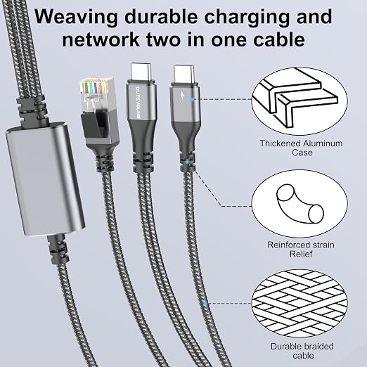 USB C to Ethernet Cable with Charging 10 Feet, USB-C Male 100W PD & Gigabit LAN - Image 6