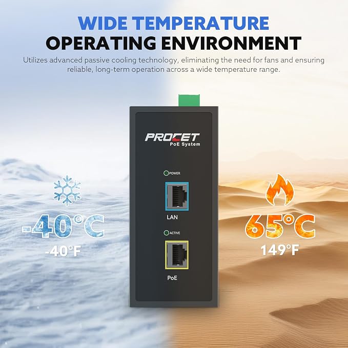 PROCET 10 Gbps Gigabit PoE++ Injector Din Rail, 60W Industrial Adapter - Image 5