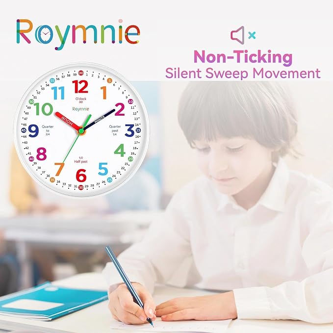 Roymnie12 Inch Wall Clock for Kids Learning to Tell Time Easily Analog Non - Image 8