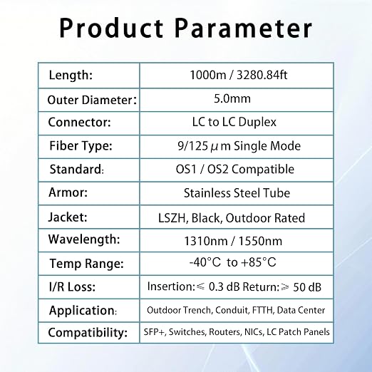 1000M/3281FT LC to LC Armored Outdoor Fiber Optic Cable, Single Mode Duplex - Image 6