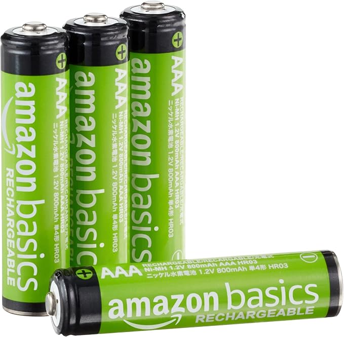 Amazon Basics 4-Pack Rechargeable AAA NiMH Batteries, 800 mAh, Low by AmazonBasics