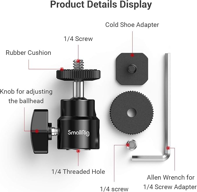 SmallRig 1/4" Camera Hot Shoe Mount, Ballhead Tripod - Image 4