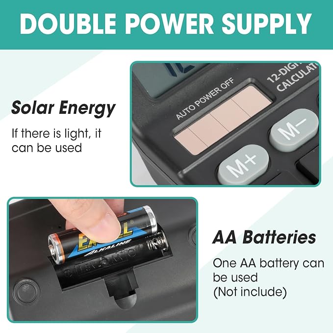 2 Pcs Calculator, 12 Digits Calculators Desktop, Solar and Battery Dual Power - Image 3