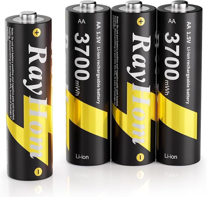 4 Pack AA Lithium Rechargeable Batteries, 3700mWh High Capacity, 1.5V Constant by RayHom