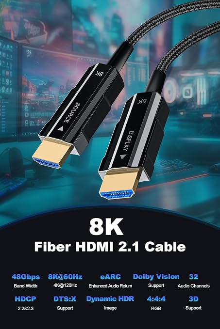 8K Long HDMI 2.1 Cable 20ft, Fiber Optic HDMI Cable Braided Cord, High Speed - Image 3